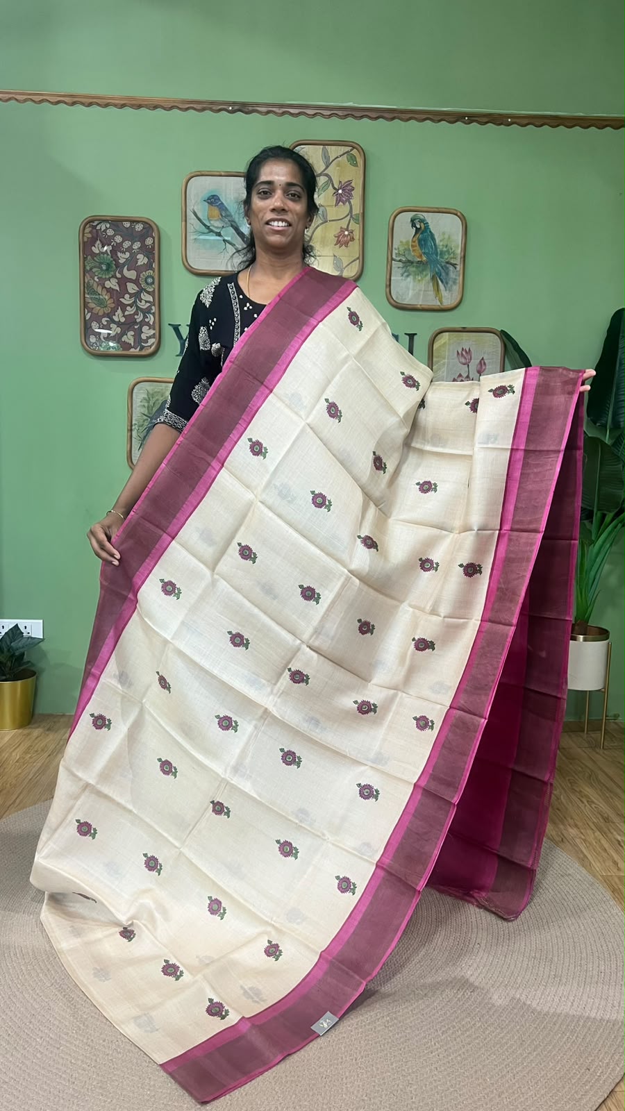 Zari border hand block printed saree Pink