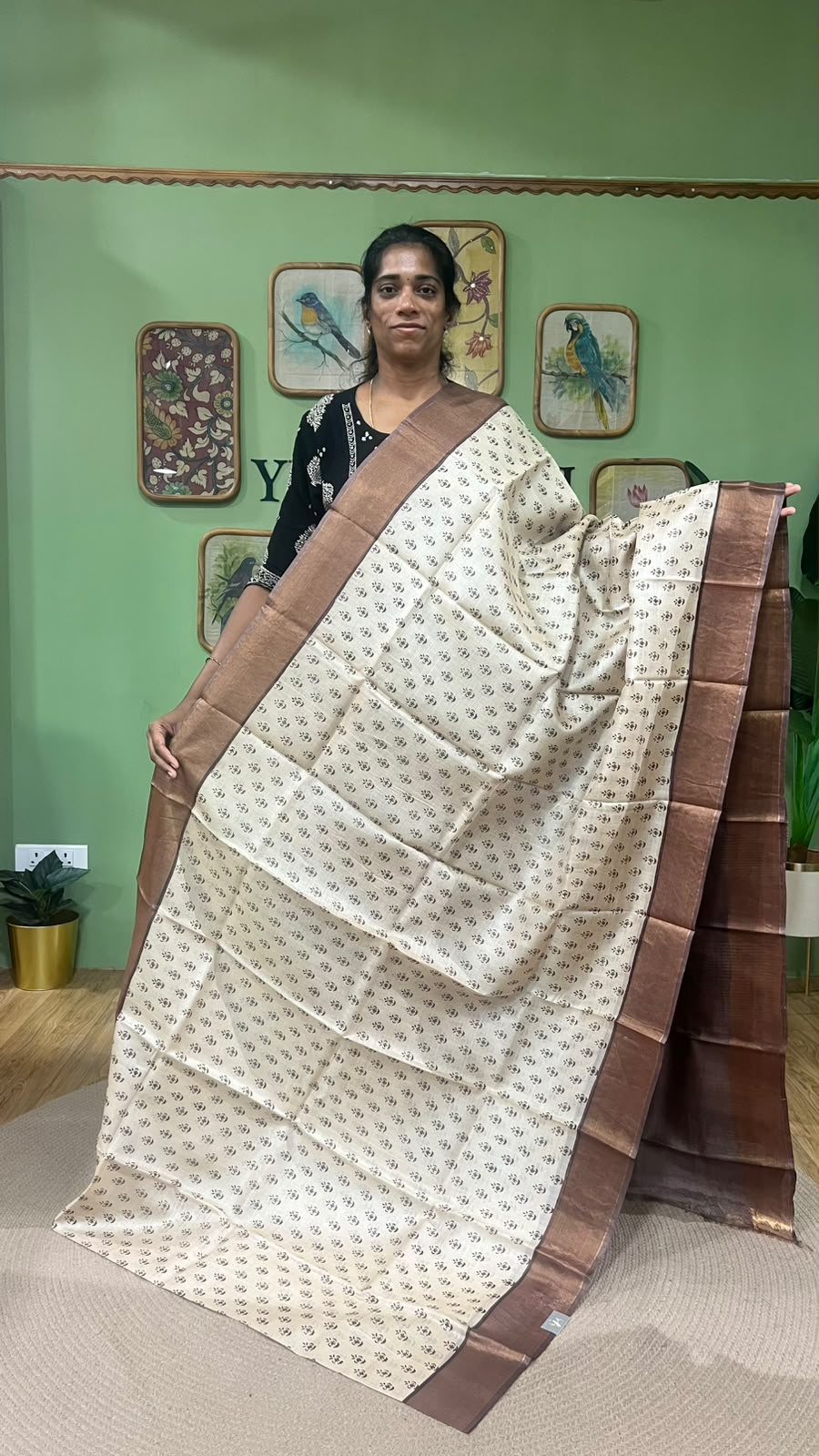 Zari border hand block printed saree Brown