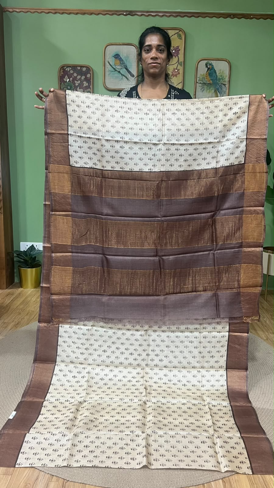 Zari border hand block printed saree Brown