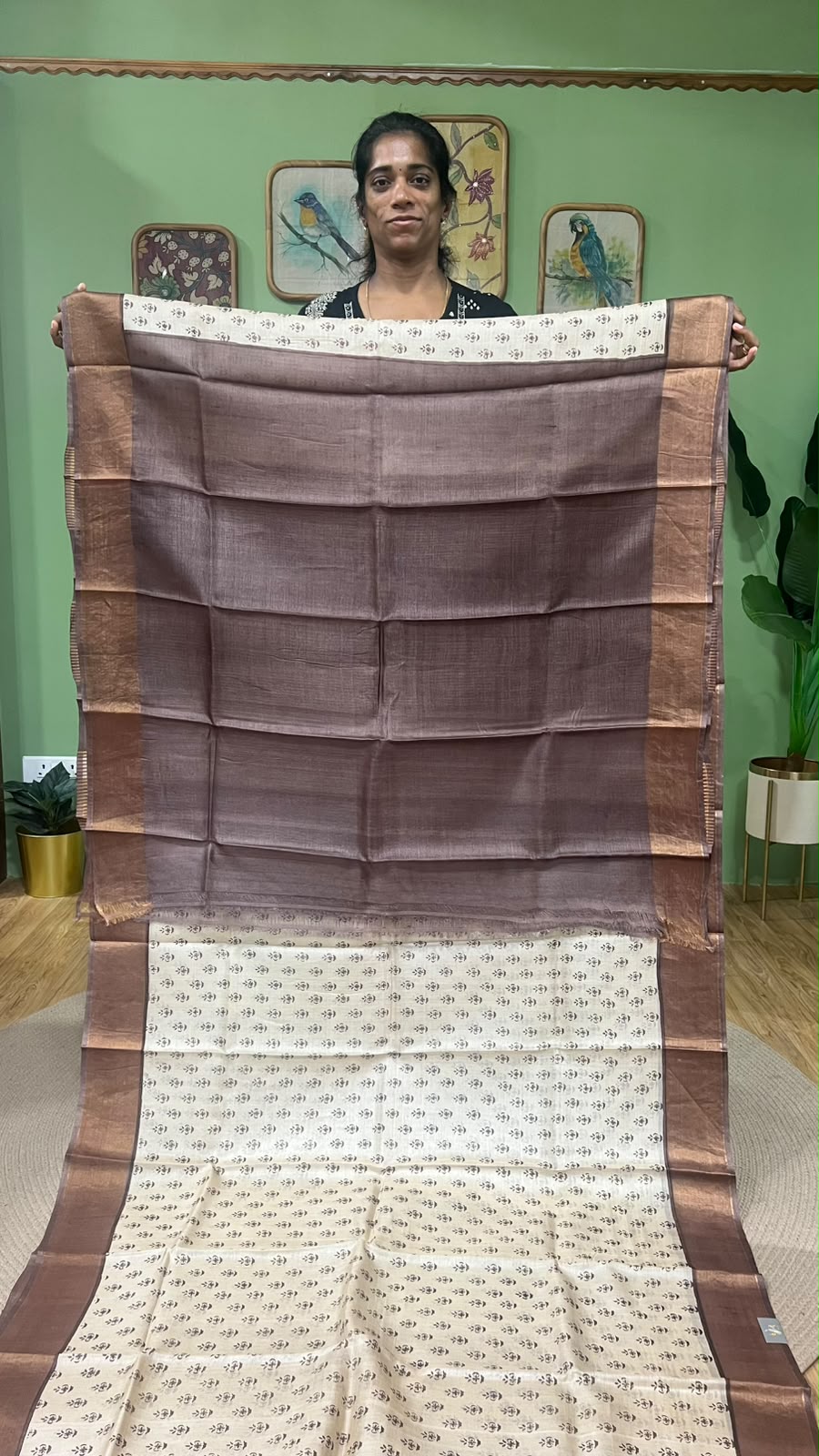 Zari border hand block printed saree Brown