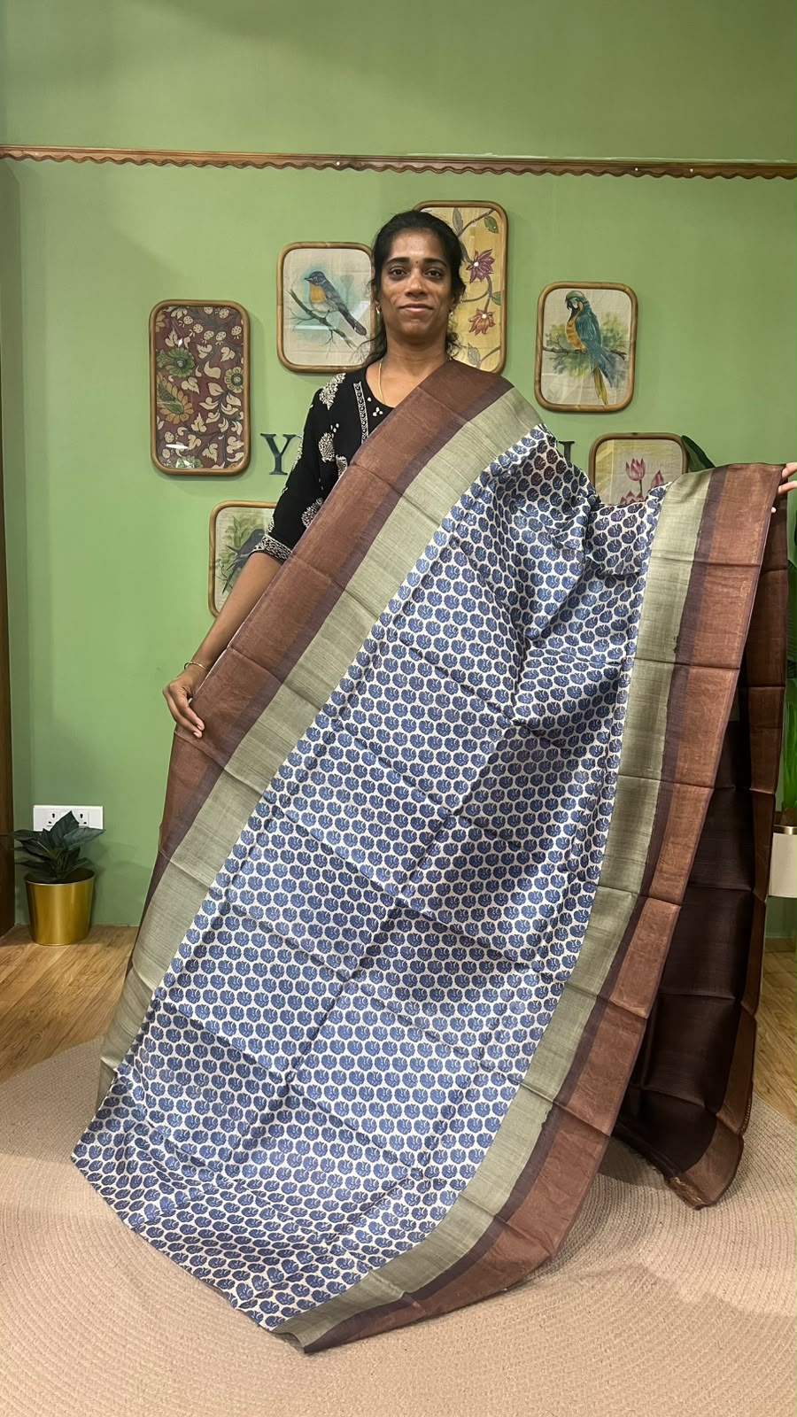 Zari border hand block printed saree Olive