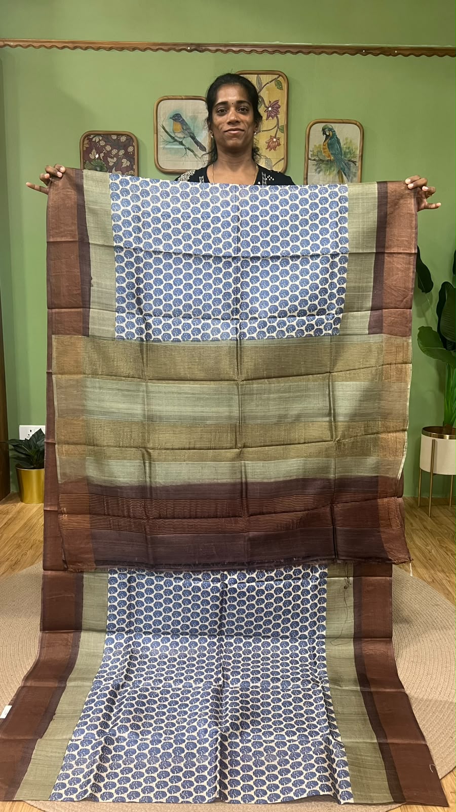 Zari border hand block printed saree Olive