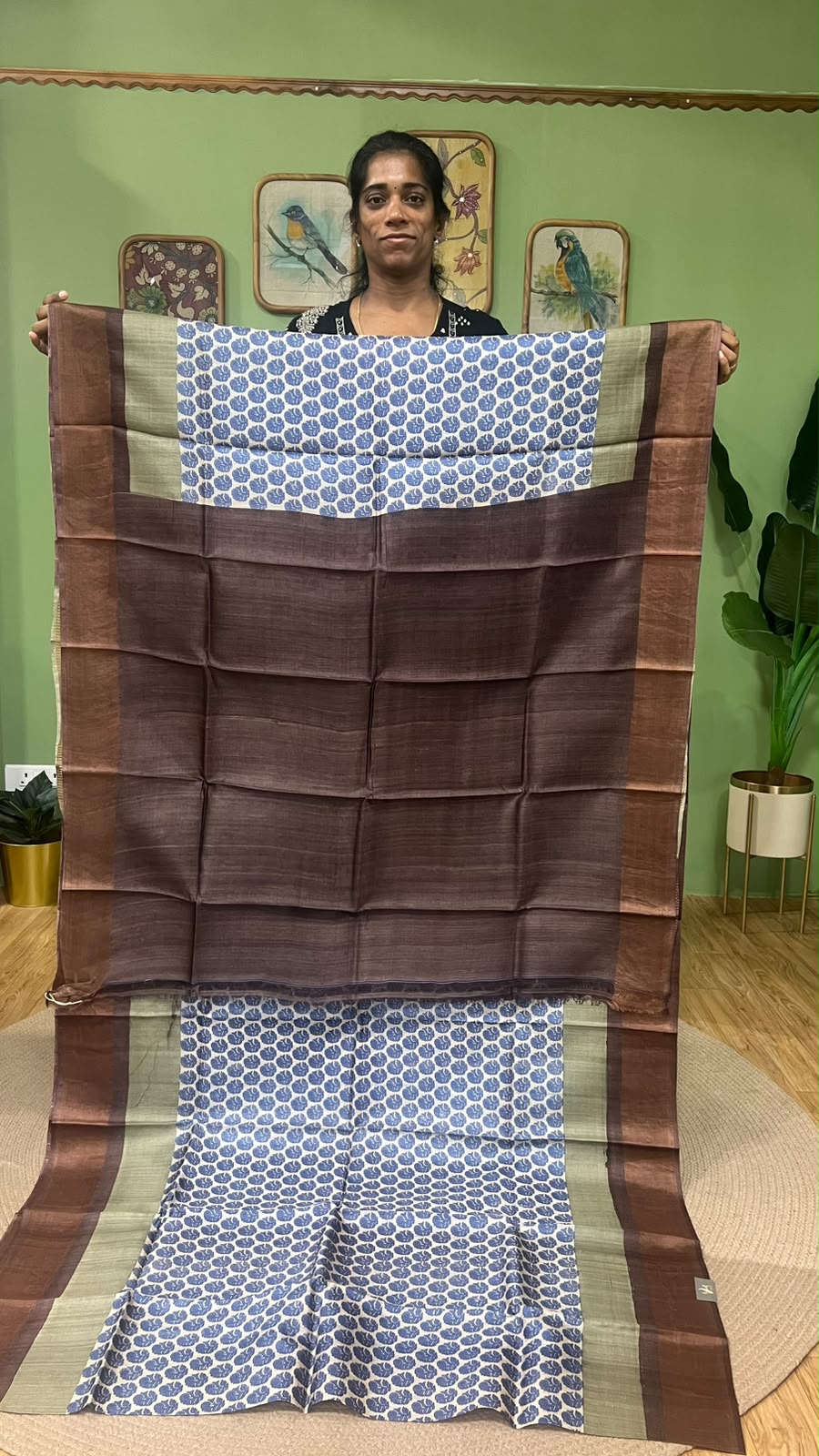 Zari border hand block printed saree Olive