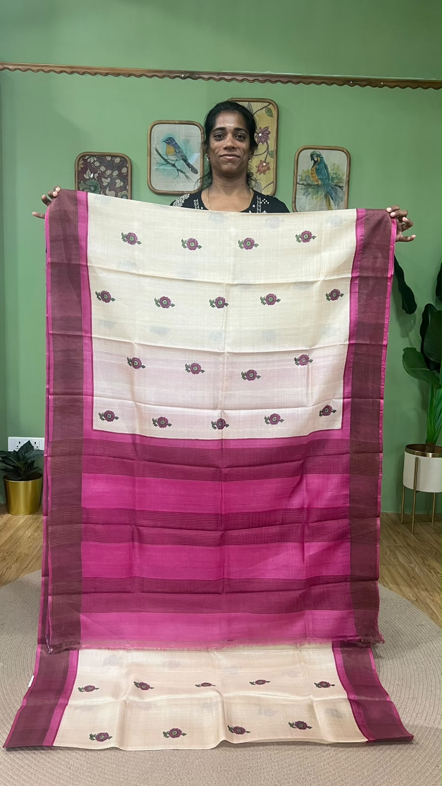 Zari border hand block printed saree Pink