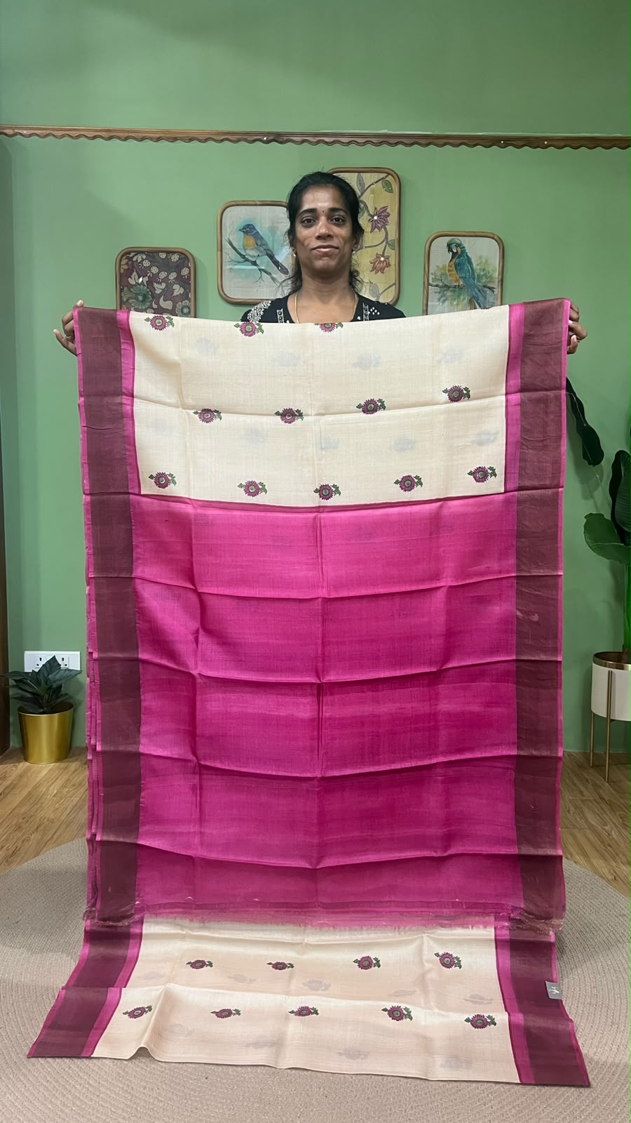 Zari border hand block printed saree Pink
